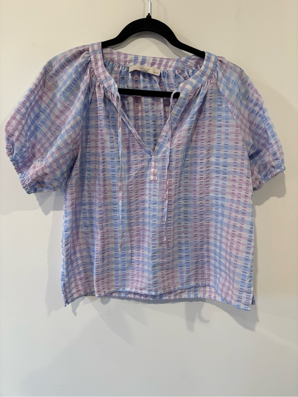 LOFT Lavender and Light Blue Seersucker Peasant Blouse